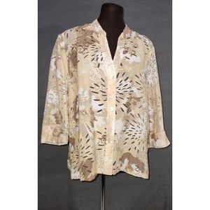 RUBY‎ RD. Tan Beige Ivory Floral Semi Sheer Button Up Shirt Top Jacket Sz 16